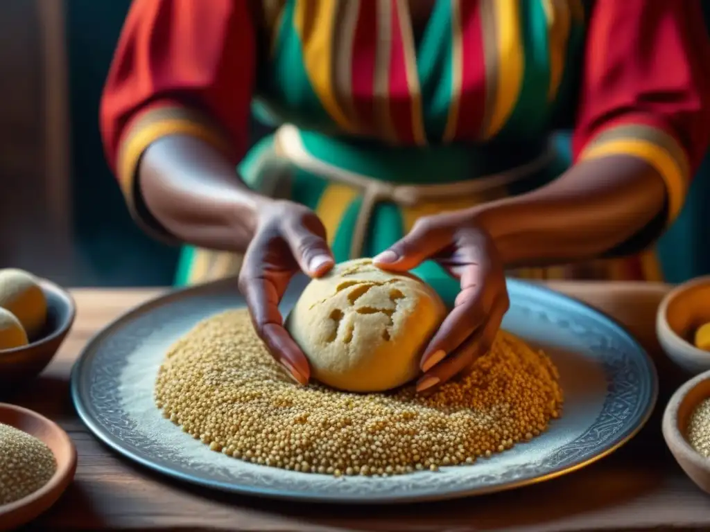 Manos de mujer saheliana moldeando bolitas de mijo, mostrando la tradición y la historia cultural de la cocina saheliana