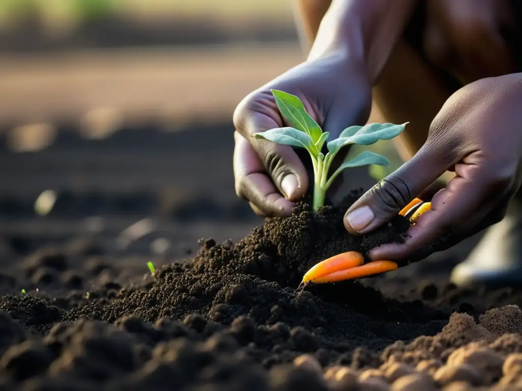 Manos de mujer sudafricana plantando vegetales coloridos en tierra oscura, mostrando influencia leyes Apartheid dieta sudafricana