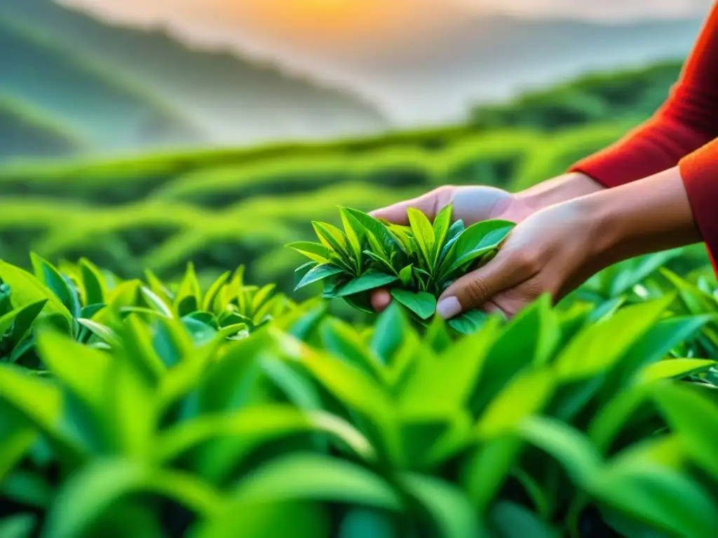 Manos de mujeres expertas recogen hojas de té verde al amanecer, destacando la historia y roles olvidados en la plantación de té