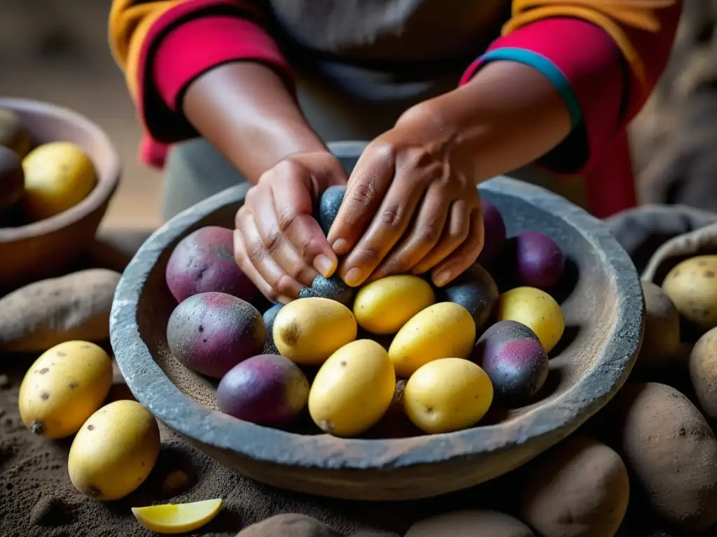 Manos lavando papas peruanas en un cuenco de piedra, resaltando la conexión con la gastronomía andina