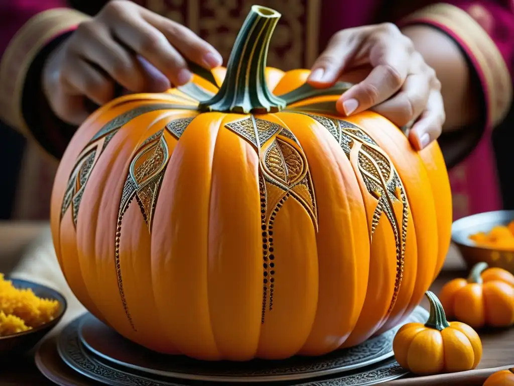 Unas manos esculpen patrones detallados en una calabaza naranja vibrante, mostrando el Festín de Calabaza Armenio