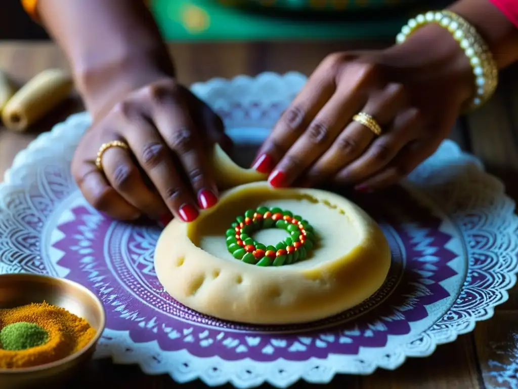 Manos creando patrones en masa para dulces indios, con adornos coloridos y ambiente tradicional de recetas históricas culturas épocas contexto