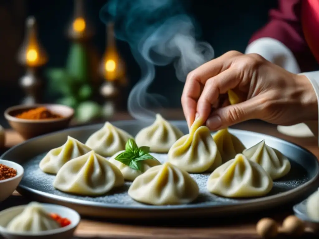 Manos preparando pelmeni rusos con influencia mongola, detallando la técnica de doblado y textura de la masa, rodeados de especias y hierbas