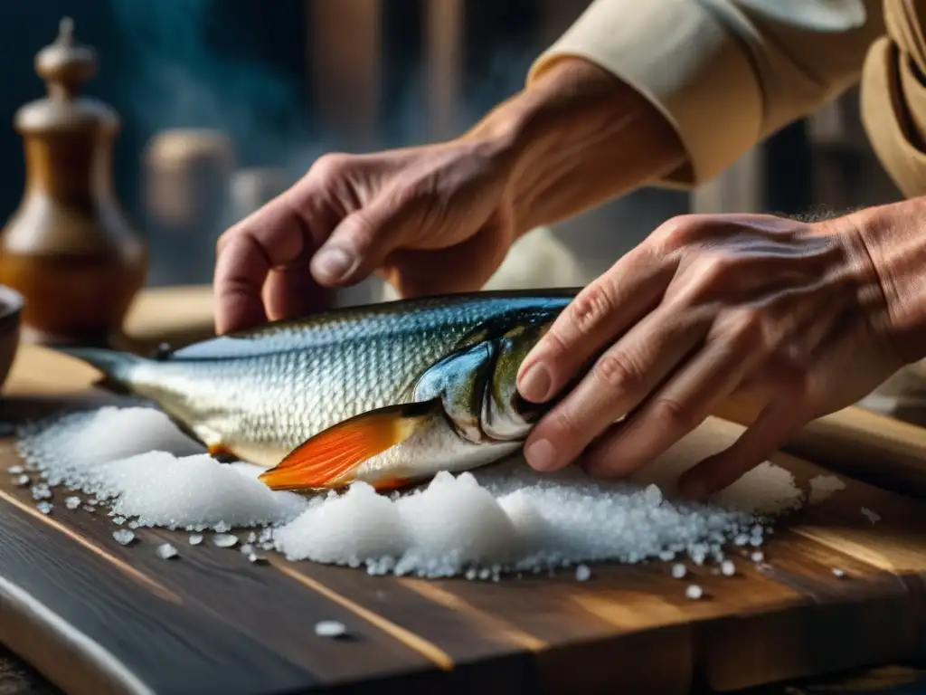 Manos salando pescado fresco en técnica de conservación colonial