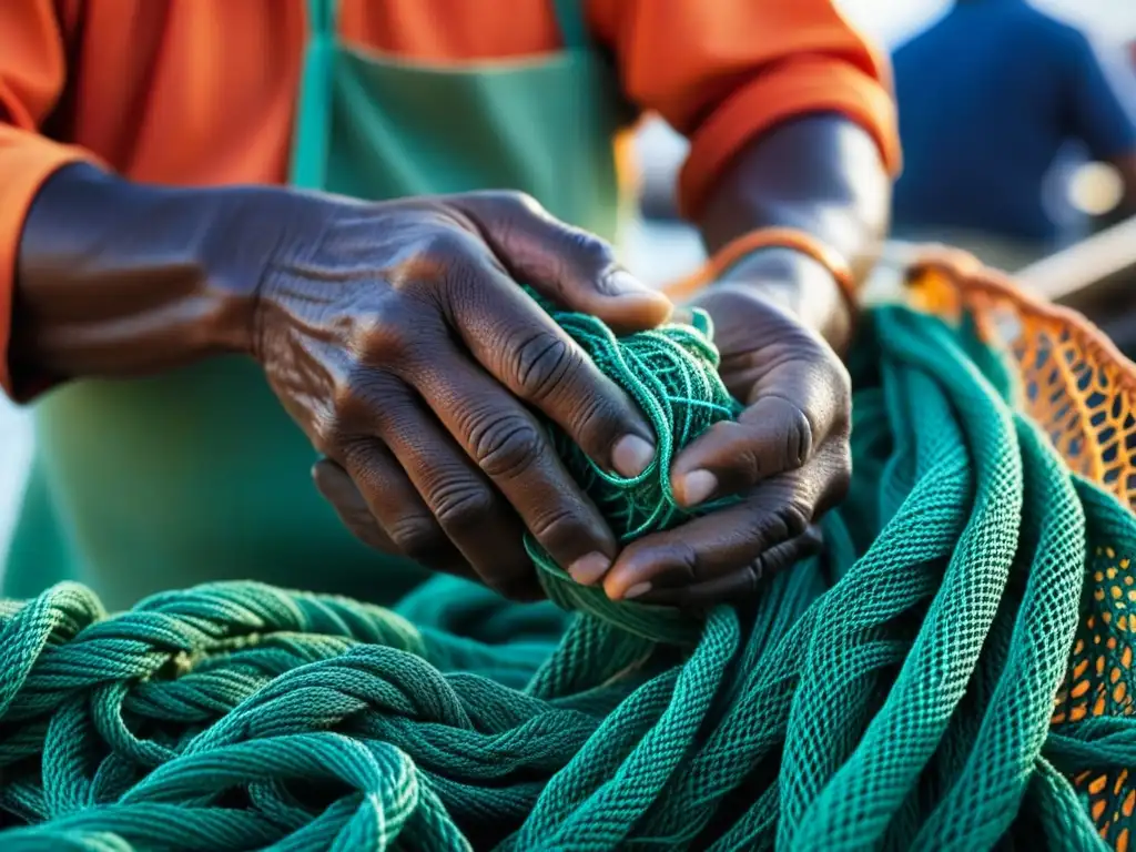 Manos de pescador experto reparando red en mercado pesquero