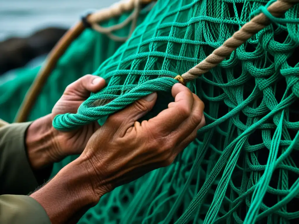 Manos de pescador desenredando red, mostrando la tradición pesquera y el impacto del Intercambio Columbino en Pesca