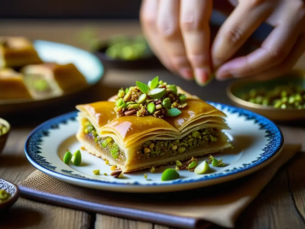 Manos espolvoreando pistachos sobre baklava en plato de cerámica asiática