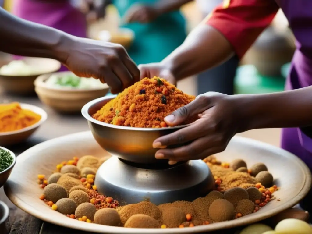 Manos preparando plato africano en mercado bullicioso