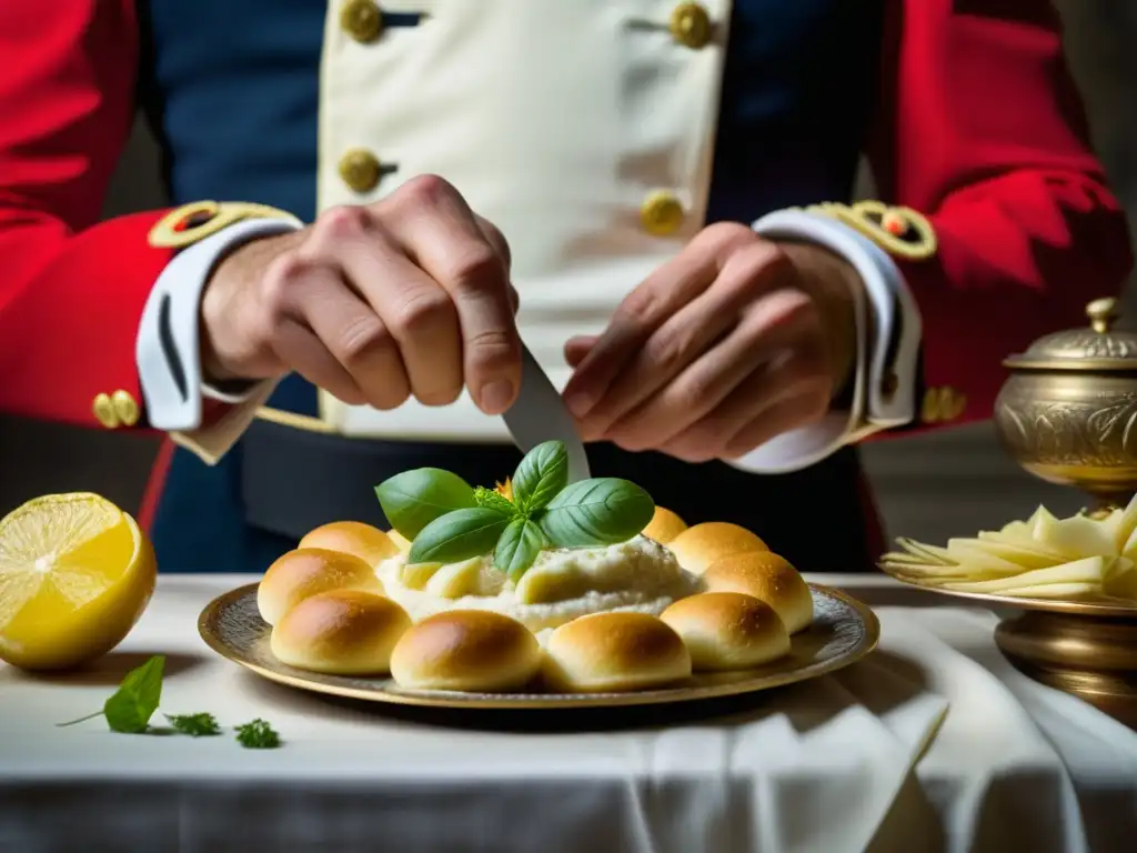 Manos preparando plato francés bajo mirada napoleónica