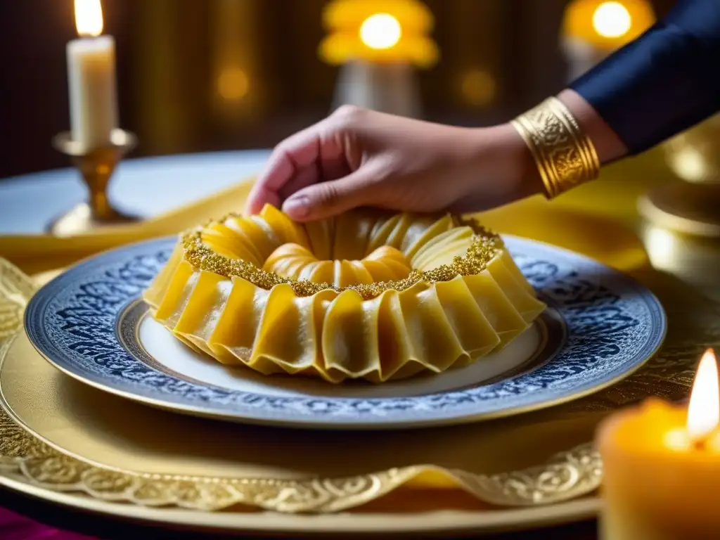 Manos envuelven postre tradicional de Eid alFitr con filo dorado, iluminado por velas