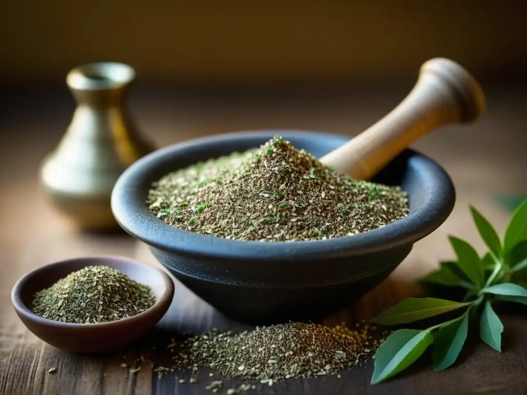 Manos preparando recetas históricas za'atar en Oriente Medio con mortero de piedra