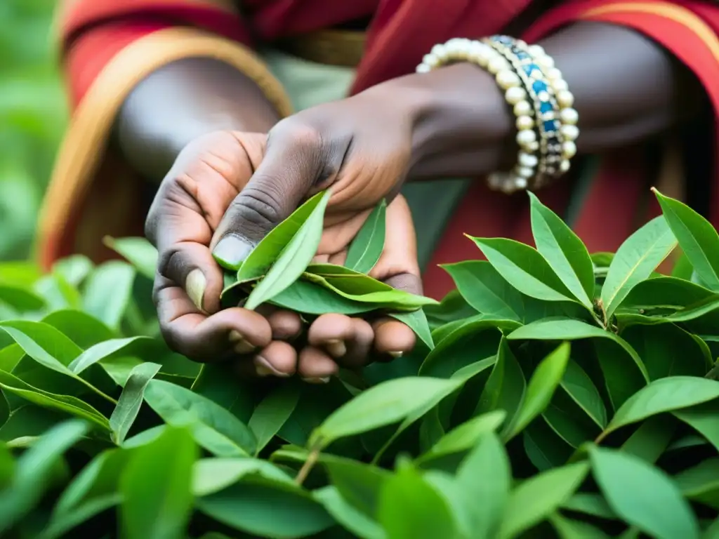 Manos de recolectora de té, joyas tradicionales, hojas tiernas