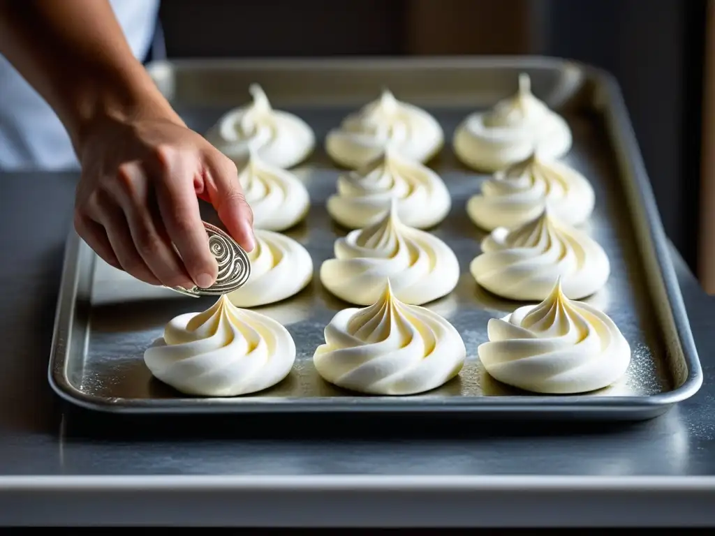 Unas manos de repostero experto crean delicados merengues en una bandeja, en un ambiente nostálgico de cocina