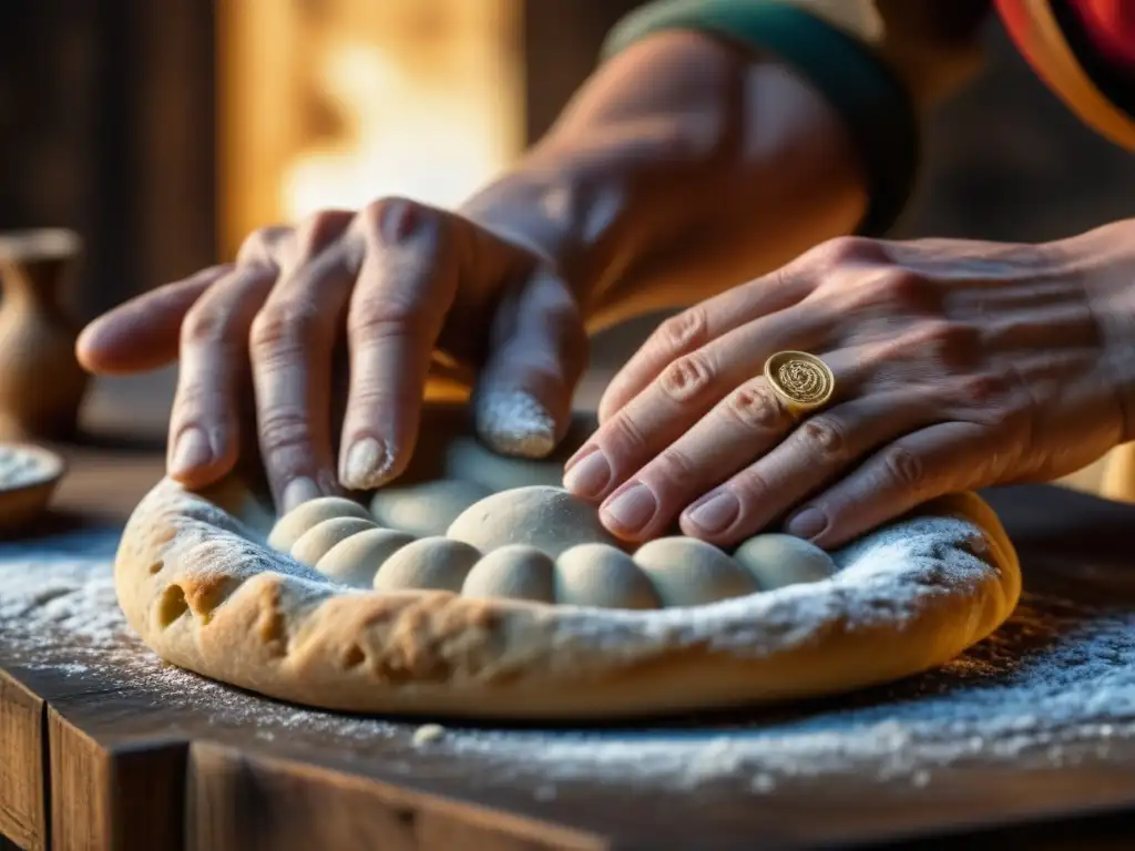 Unas manos romanas antiguas amasan pan con destreza, evocando tradición y artesanía en la Antigua Roma