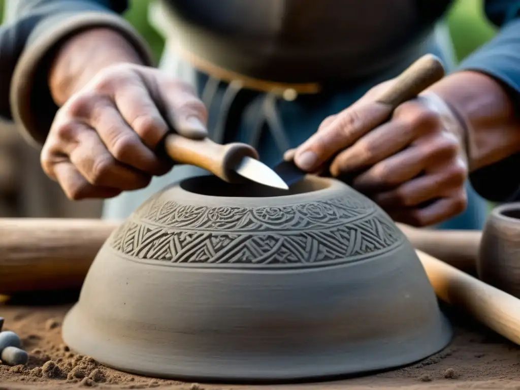 Unas manos rugosas moldean arcilla con herramientas medievales, creando un horno de leña medieval cocina