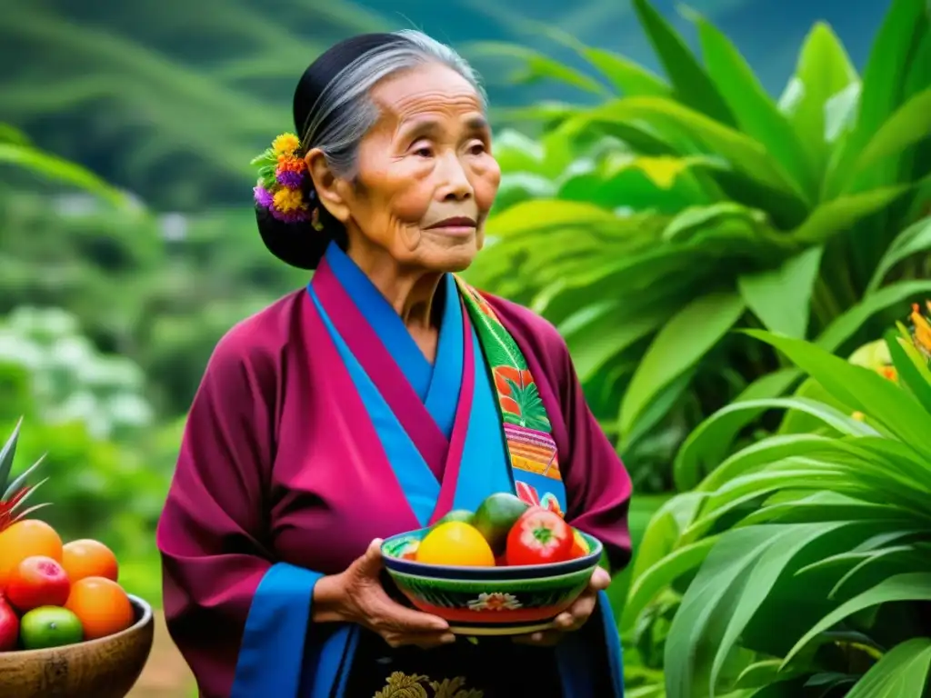 Manos sabias de una anciana okinawense en un jardín tropical, sosteniendo frutas y verduras coloridas