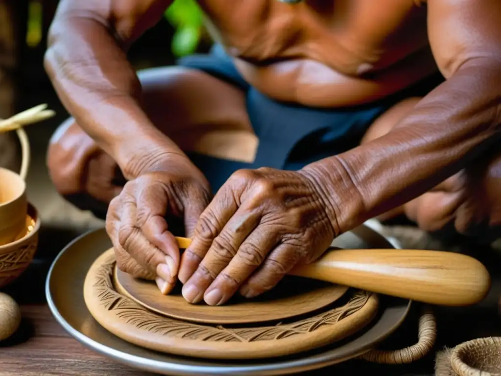 Manos sabias de un anciano micronesio preparando alimentos con utensilios tradicionales en una cocina auténtica