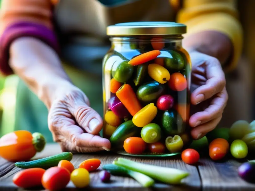 Manos sabias sostienen frascos de vegetales encurtidos