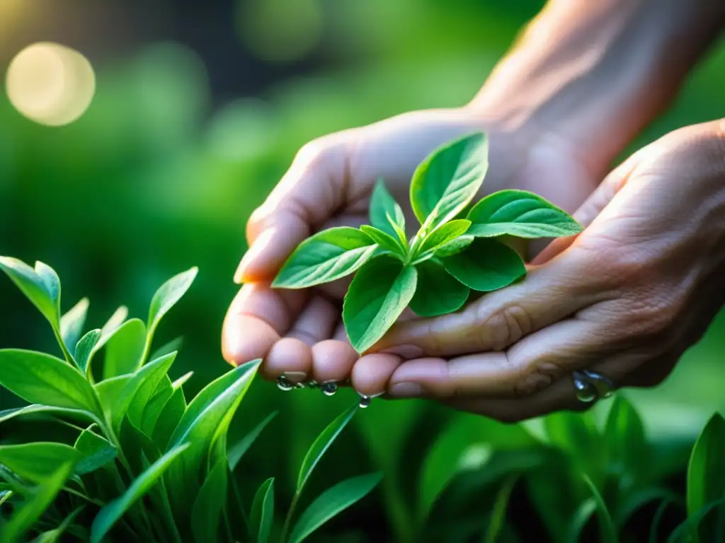 Manos sabias cosechan hierbas verdes en jardín Zen, practicando cocina sostenible y conexión con la naturaleza