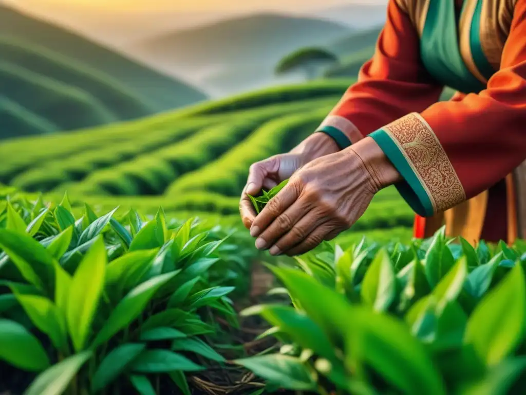 Manos sabias recolectando hojas de té en plantación verde, evocando roles olvidados de mujeres en la historia del té