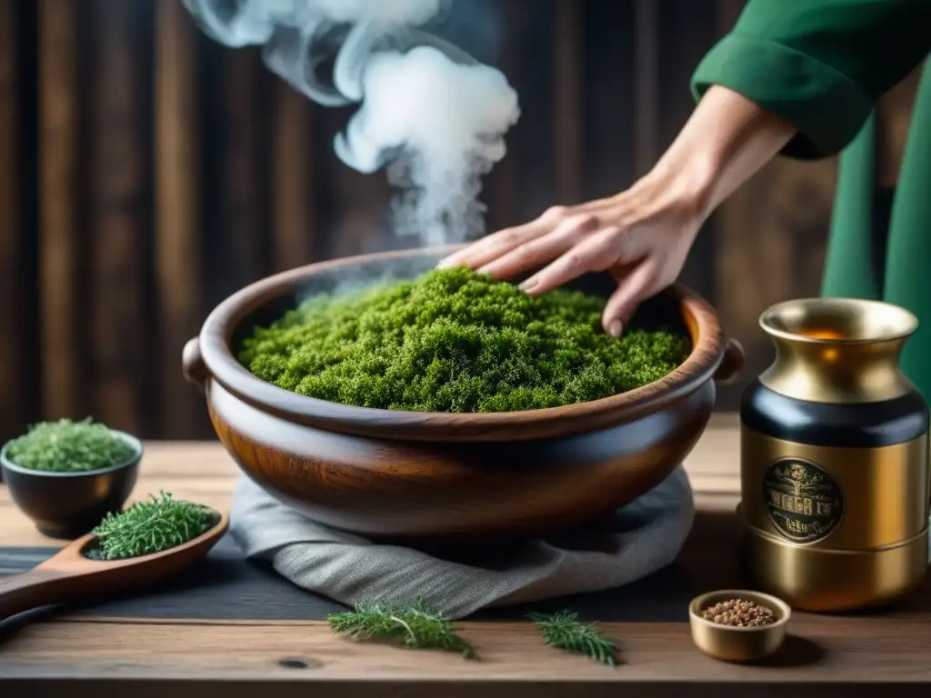 Unas manos sabias vierten ingredientes celtas en un recipiente de madera, en un muro de piedra con musgo