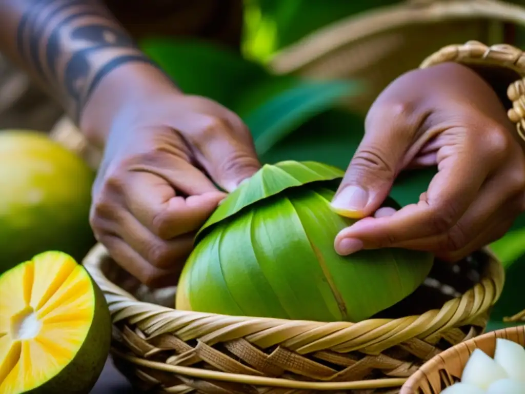 Manos sabias preparan ingredientes tradicionales de Micronesia para recetas históricas, preservando la cultura