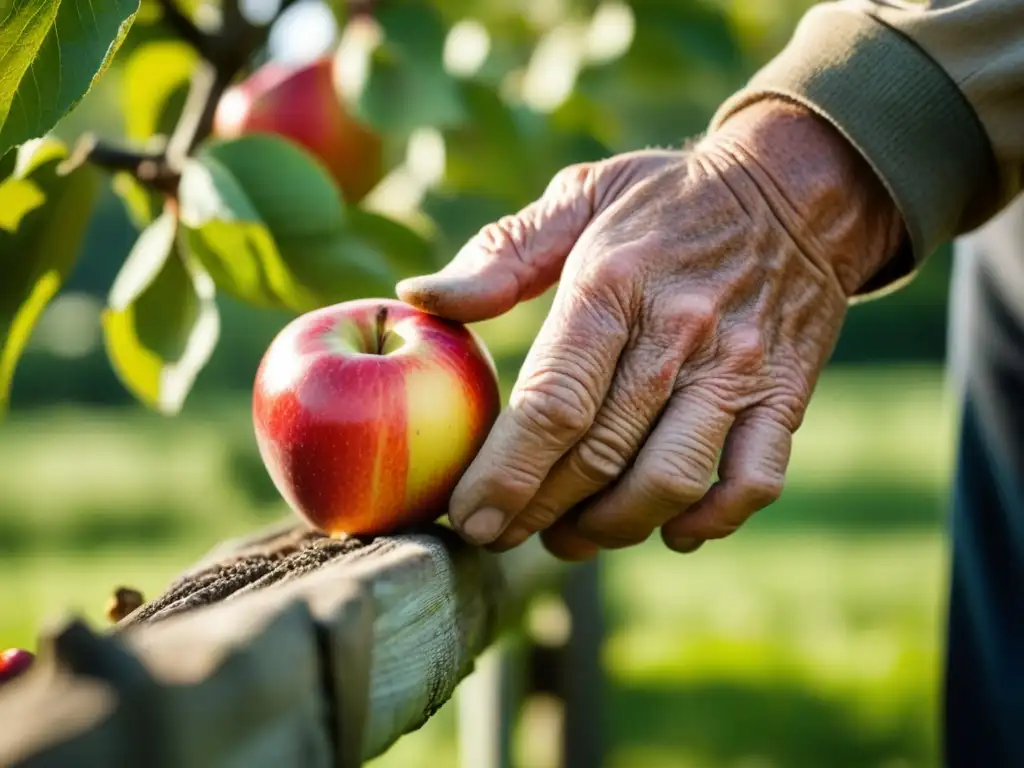 Manos sabias cosechando manzanas rojas en un huerto al atardecer en la Patagonia, historia de sidra y dedicación