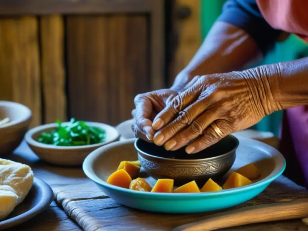 Las manos sabias de una mujer saheliana preparando una receta tradicional con importancia en una cocina rústica