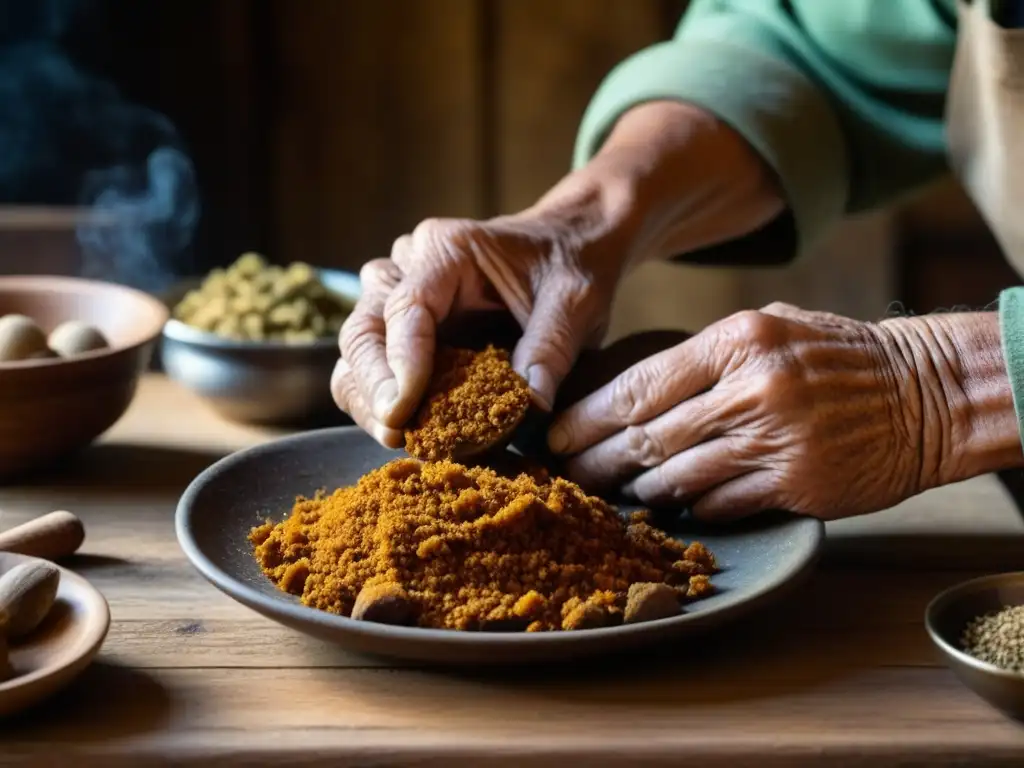 Manos sabias preparando platos ancestrales en cocina rústica, resaltando la historia y la cultura culinaria