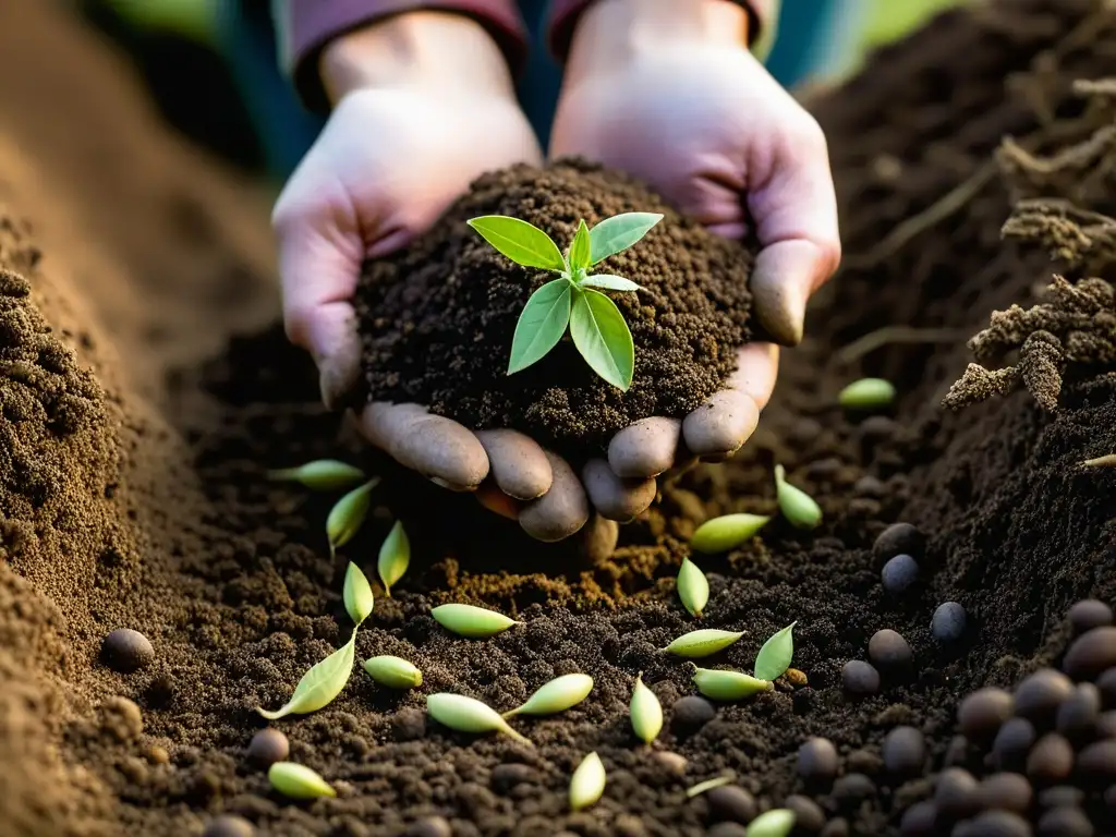 Manos sabias plantan semillas ancestrales en suelo orgánico, conectando sabiduría ancestral histórica con cultivo orgánico