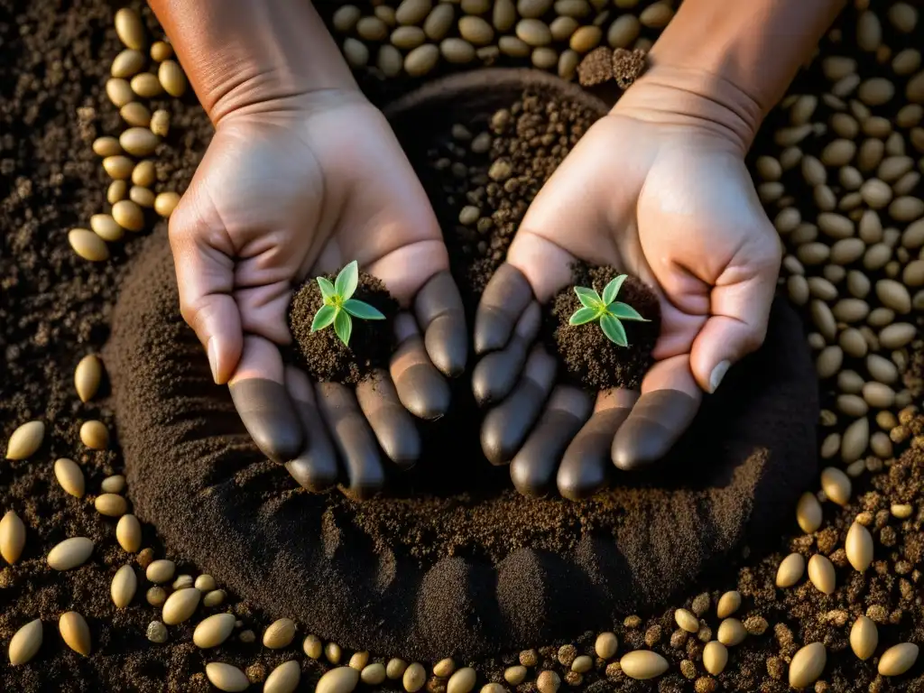 Manos sabias siembran semillas de cultivo orgánico, conectando con la tierra y la historia