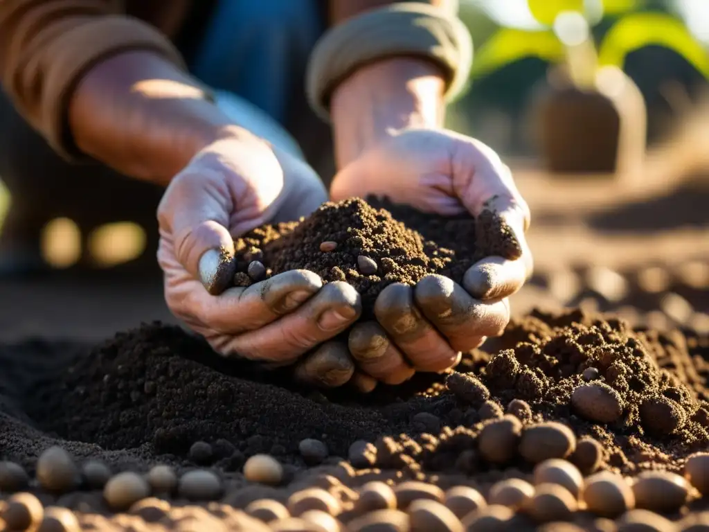 Manos sabias plantando semillas en tierra orgánica, resaltando la importancia de preservar recetas históricas con productos orgánicos