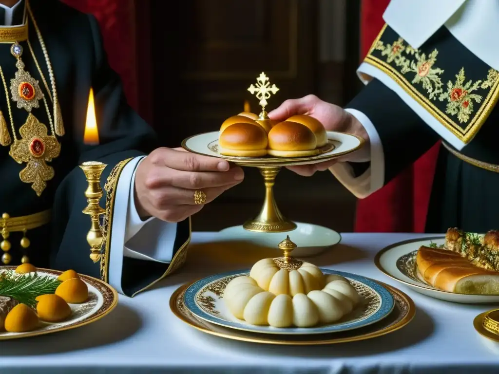 Las manos de un sacerdote ortodoxo ruso bendicen una mesa llena de manjares, mostrando la conexión entre la Iglesia y la cocina de los Zares