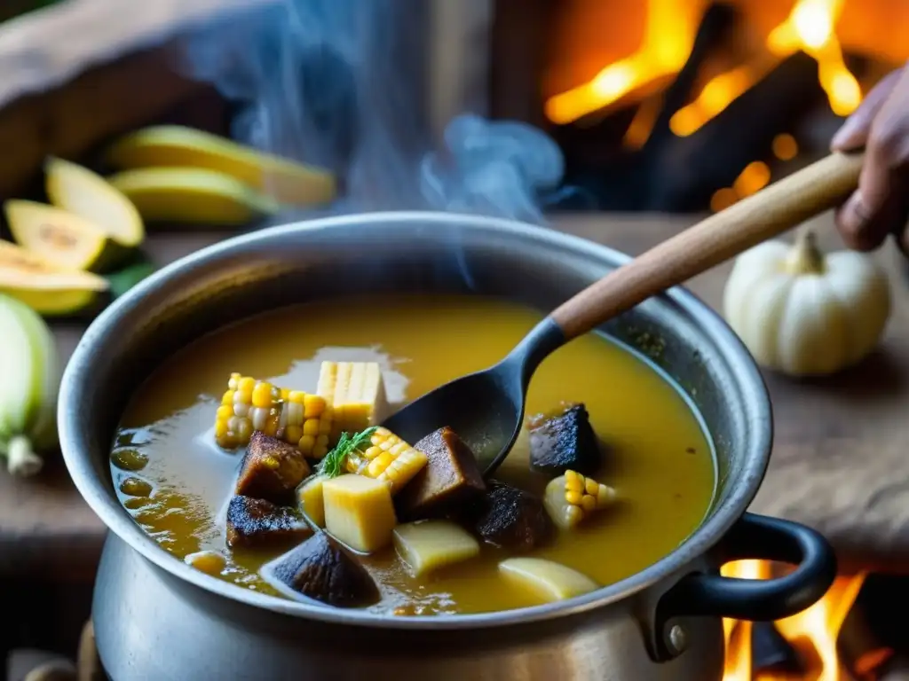 Manos revuelven sancocho venezolano sobre fogón