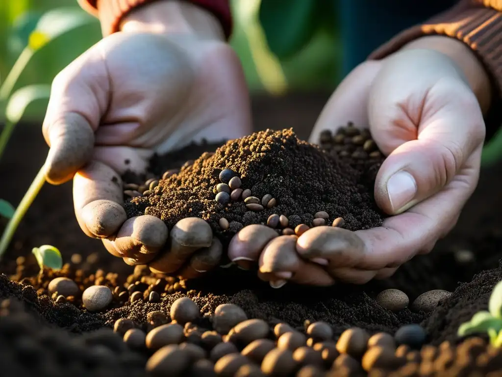 Manos plantando semillas ancestrales en tierra fértil, reviviendo dietas históricas para la sostenibilidad global