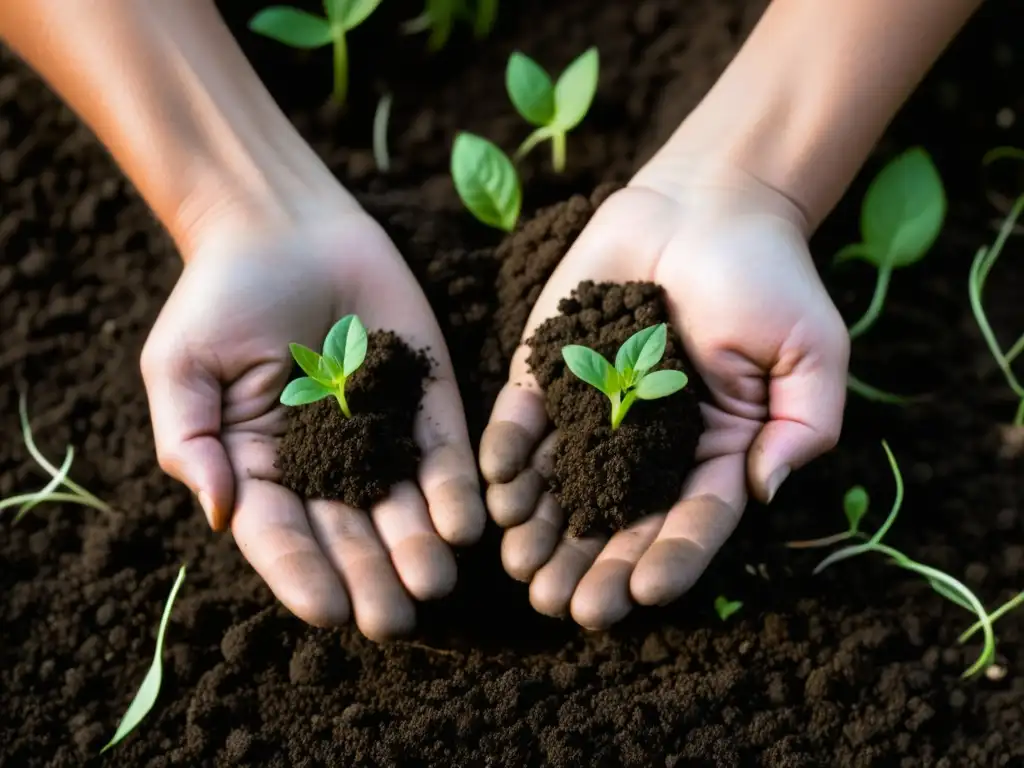 Manos plantando semillas en tierra oscura, destacando prácticas agrícolas sostenibles