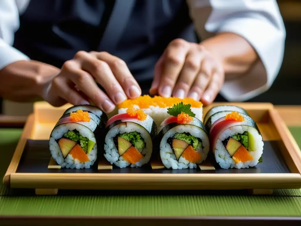 Las manos serenas de un chef japonés crean un rollo de sushi simétrico, fusionando tradición y modernidad en la cocina japonesa