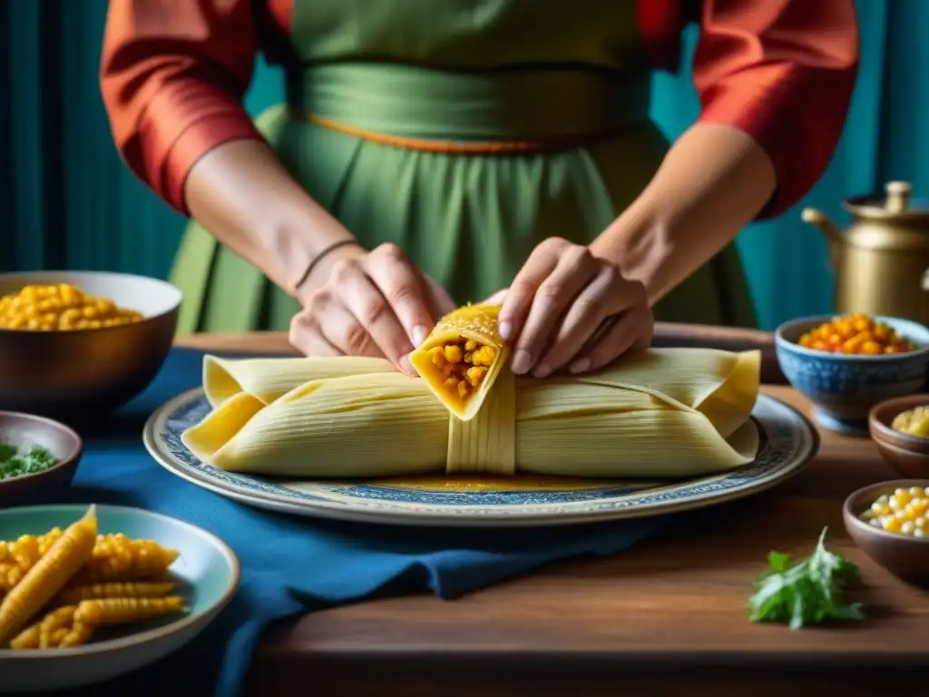 Manos preparando un tamal de maíz en atuendo histórico, en cocina rústica