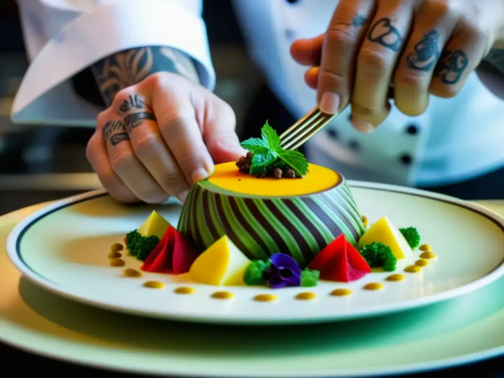 Las manos tatuadas del chef plasman la importancia cultural de la gastronomía al crear una obra de arte culinaria