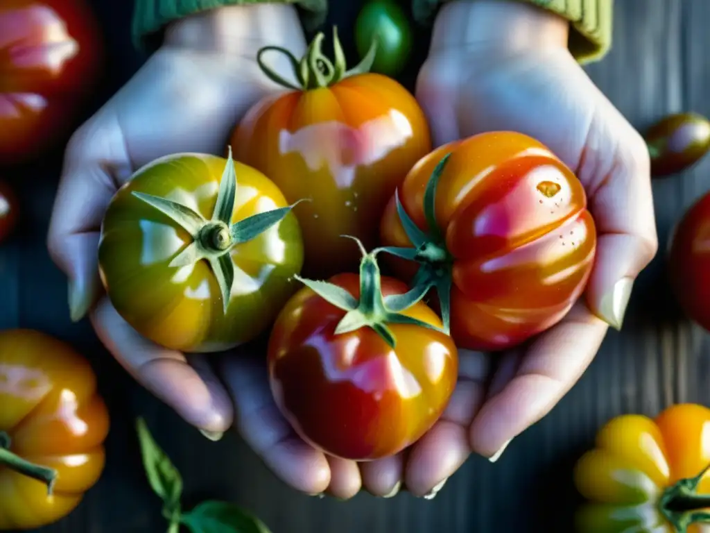 Manos sostienen tomates orgánicos variados para recetas históricas productos orgánicos preservación