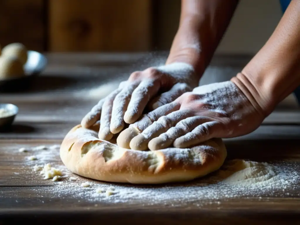 Amasando la esperanza: manos trabajadoras y resilientes en la cocina Manos trabajadas amasan masa en mesa rústica