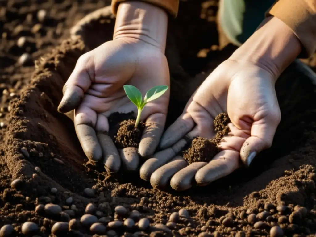 Siembra de esperanza: manos trabajadas plantando semillas en tierra fértil Manos trabajadas siembran semillas en tierra fértil, símbolo de esperanza y resistencia