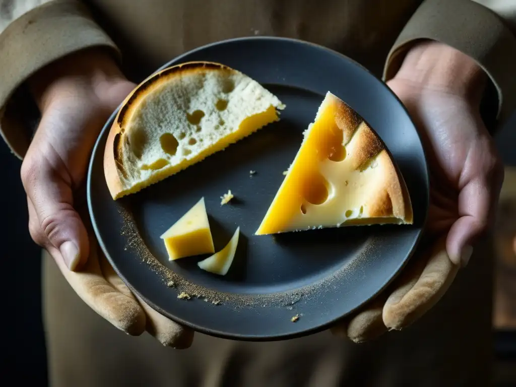 Las manos del trabajador, sucias y cansadas, sostienen un trozo de pan y queso en un plato agrietado