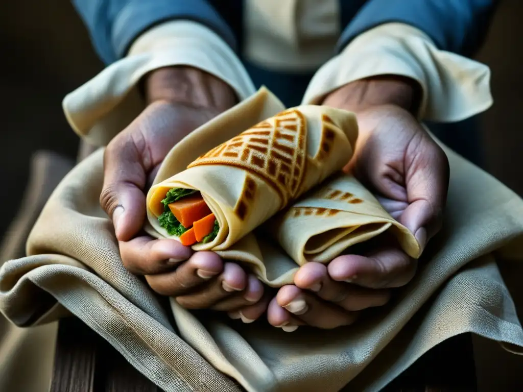 Manos trabajadoras sostienen comida sencilla, reflejando el impacto en la salud durante la Revolución Industrial