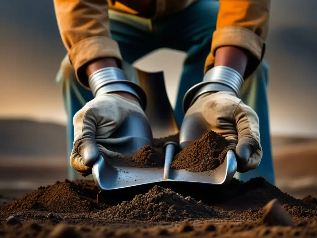 Manos trabajadoras sujetan una pala en un paisaje industrial contaminado, reflejando el impacto de la Dieta Revolución Industrial en el consumo