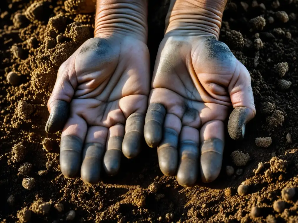 Manos trabajadoras en la tierra, mostrando la conexión entre humanos y naturaleza