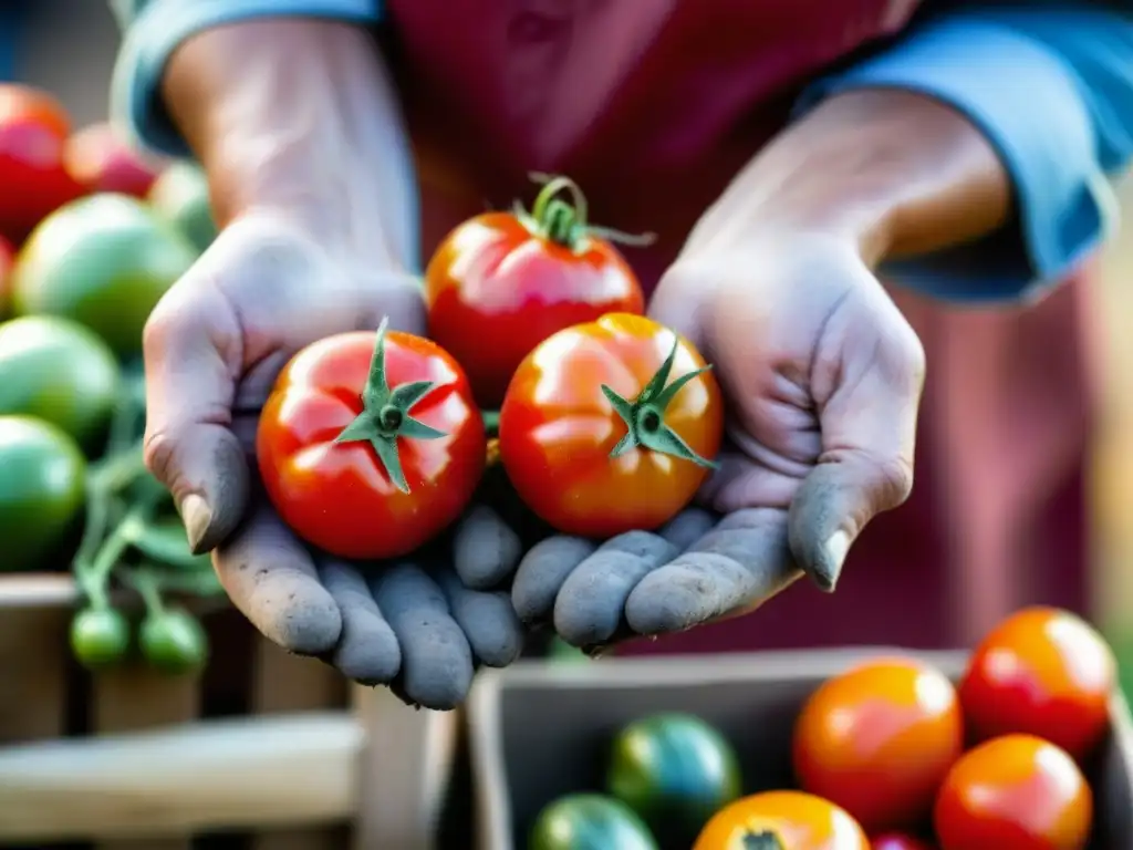 Unos manos trabajadoras sostienen tomates rojos en un mercado, resaltando la conexión con la tierra y la sostenibilidad agrícola