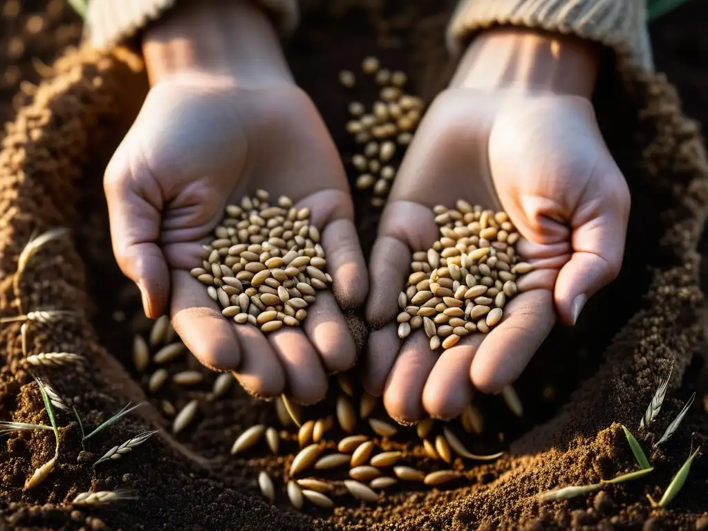 Manos sembrando trigo en tierra fértil, detallando texturas, granos y líneas, simbolizando la transformación agricultura trigo historia