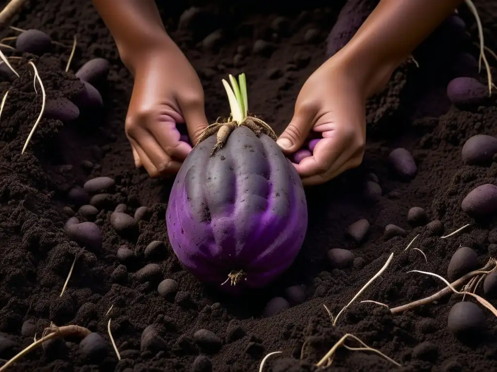 Manos que cosechan una vibrante batata morada, resaltando la importancia de los tubérculos en la historia cultural