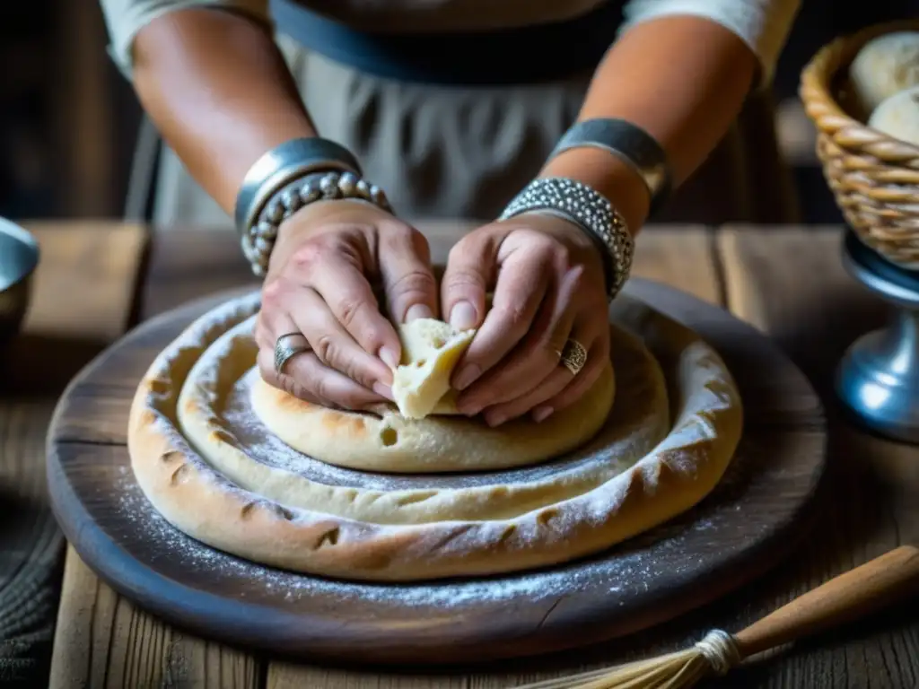 Manos vikingas amasan pan: fuerza y tradición Manos vikingas expertas amasan masa para pan en una escena rústica de cocina